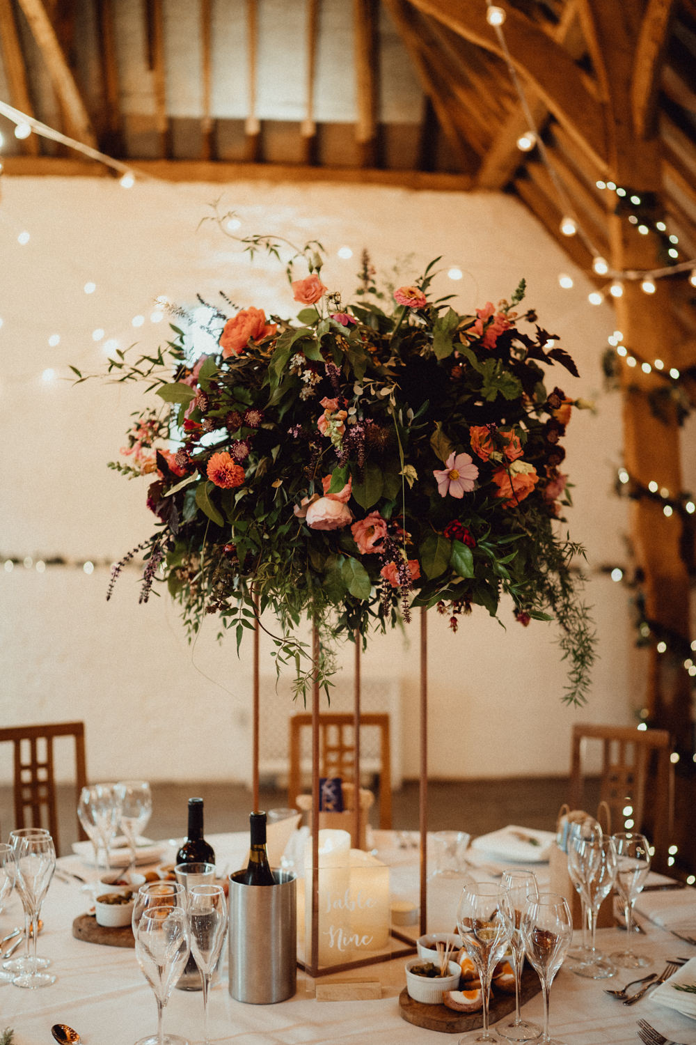 Tall Flowers Flower Arrangement Dahlia Rose Burgundy Coral Centrepiece Ufton Court Wedding Emily & Steve Photography