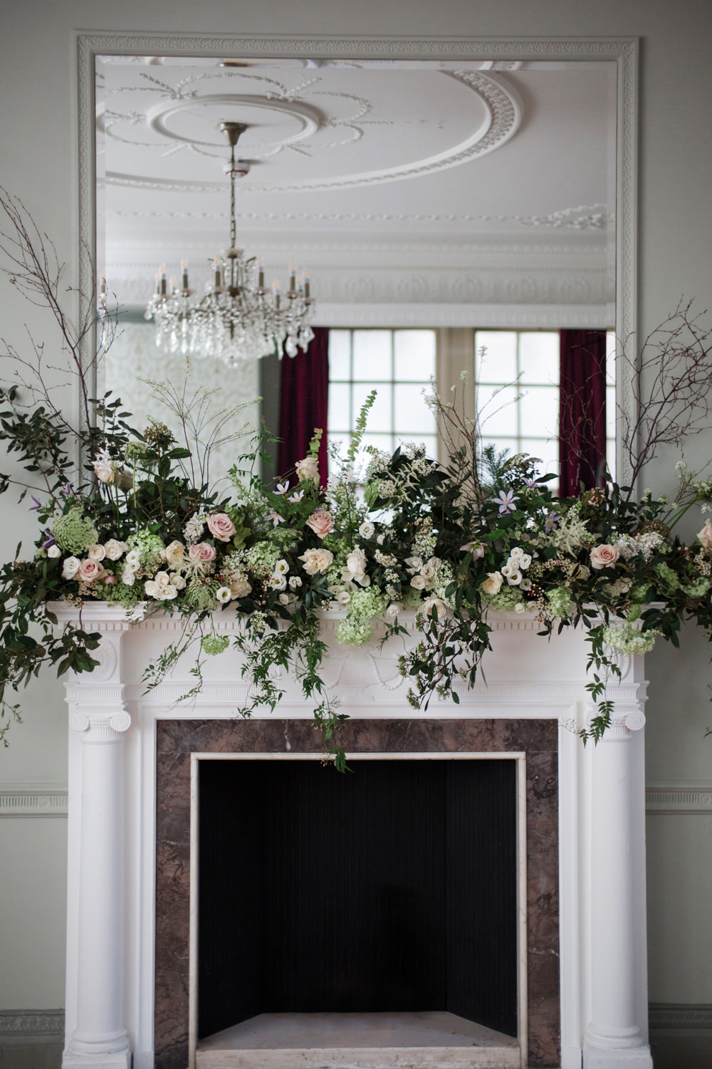 Fireplace Mantle Piece Flowers Greenery Foliage Blush Rose Whimsical Elegant Wedding Ideas Mandorla London