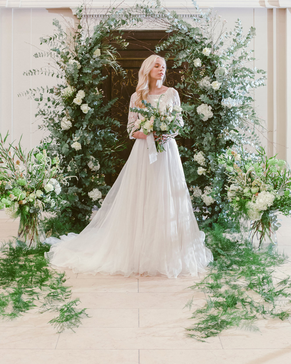 Flower Arch Backdrop Aisle Ceremony Flowers Greenery Foliage Blush Rose Whimsical Elegant Wedding Ideas Mandorla London