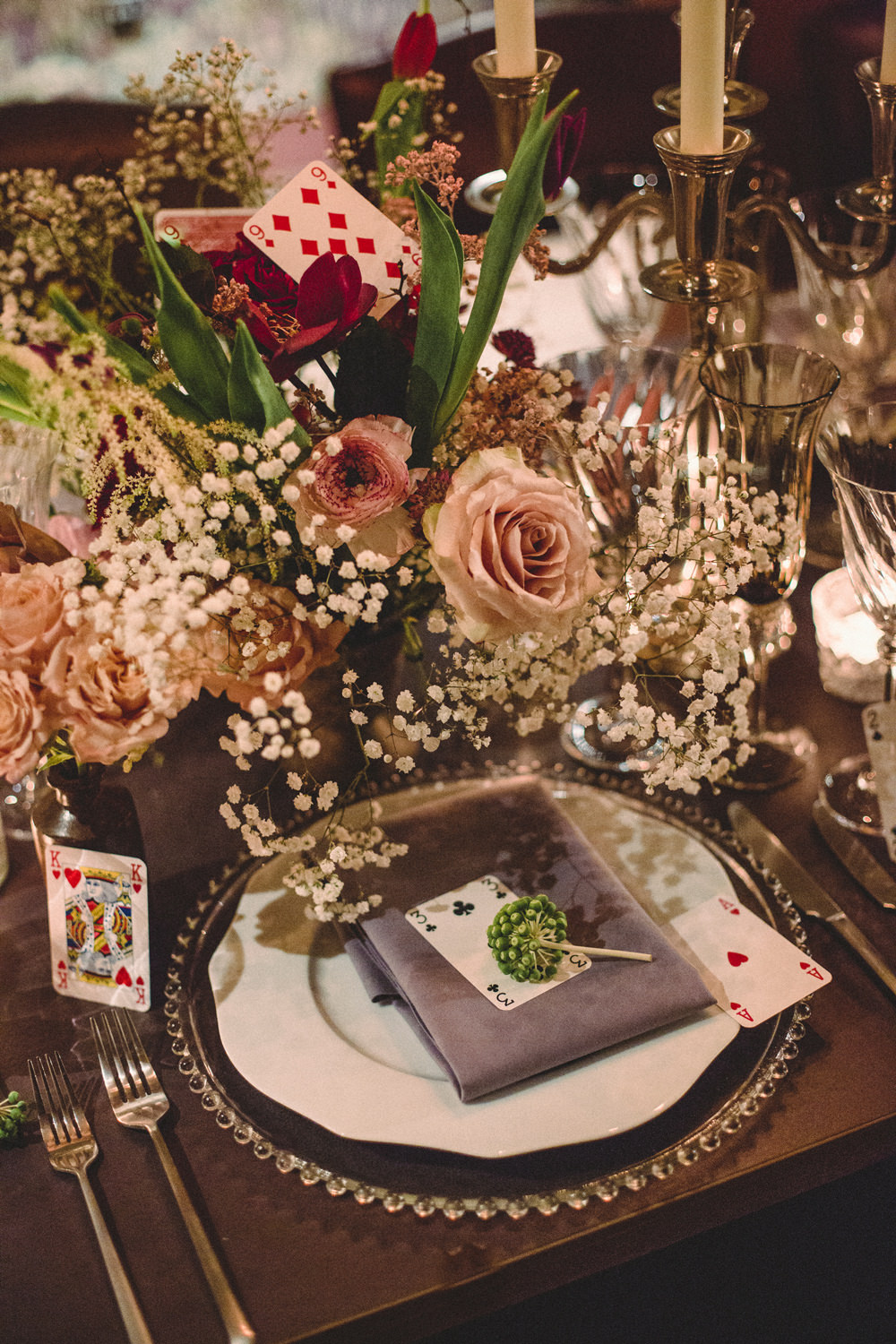 Place Setting Decor Playing Cards Flowers Whimsical Elegant Wedding Ideas Mandorla London