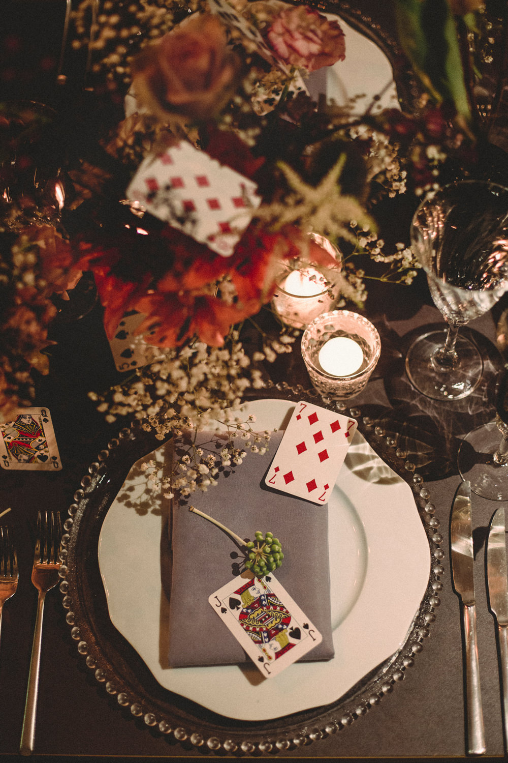 Place Setting Decor Playing Cards Flowers Whimsical Elegant Wedding Ideas Mandorla London