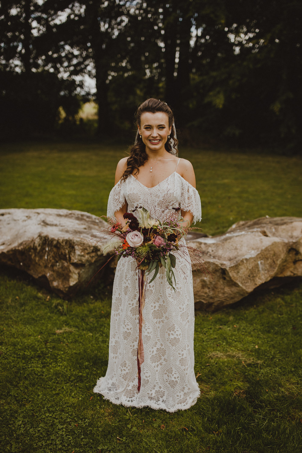 Dress Gown Bride Bridal Lace Sleeves Off Shoulder Bardot Wiltshire Barn Wedding Photography34