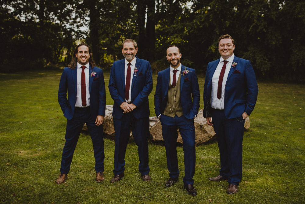 Groom Suit Blue Burgundy Tie Groomsmen Wiltshire Barn Wedding Photography34