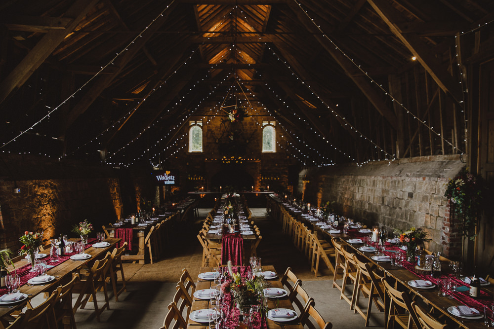 Long Tables Burgundy Table Runners Fairy Lights Wiltshire Barn Wedding Photography34