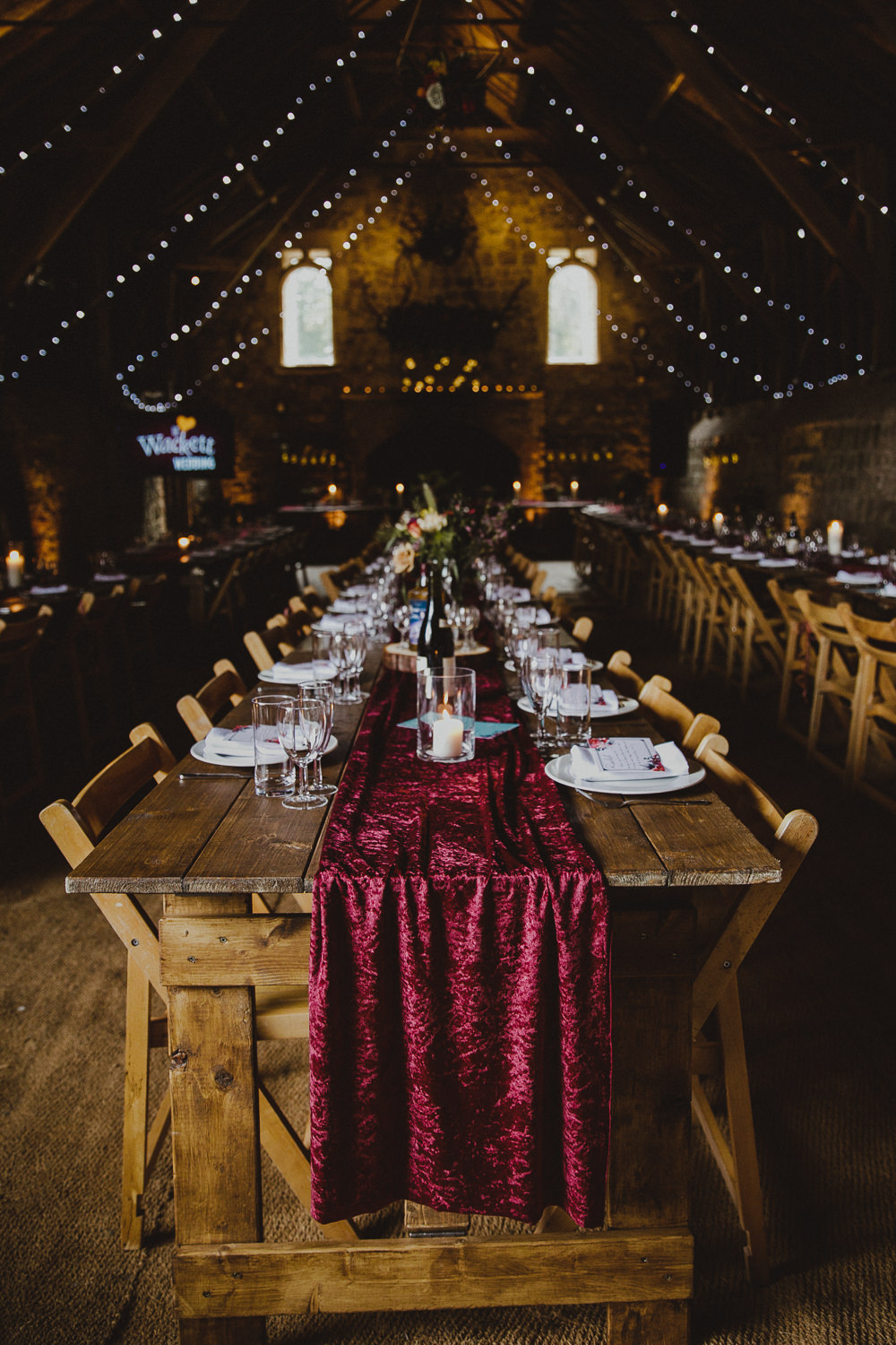 Long Tables Burgundy Table Runners Fairy Lights Wiltshire Barn Wedding Photography34