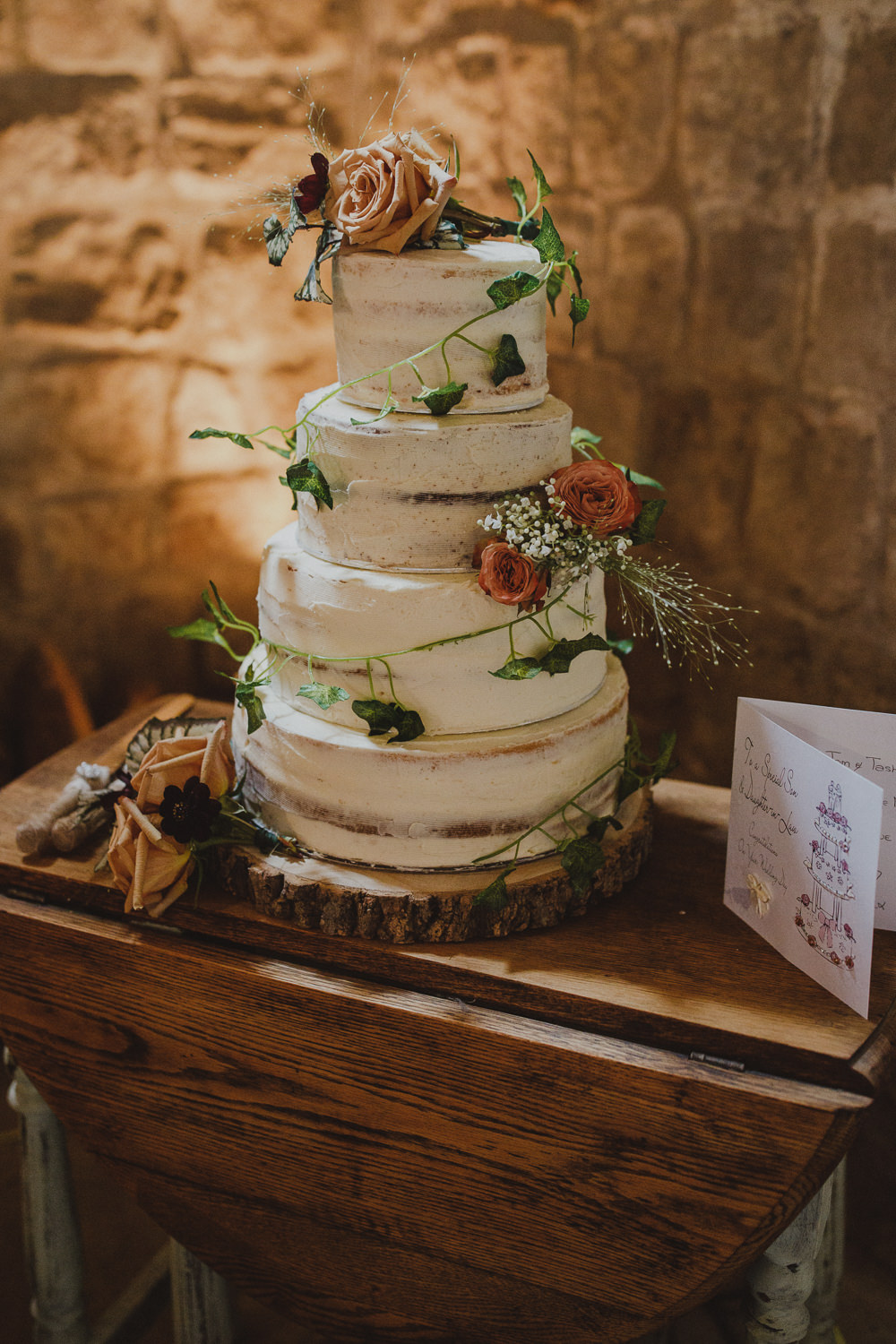 Semi Naked Cake Flowers Wiltshire Barn Wedding Photography34