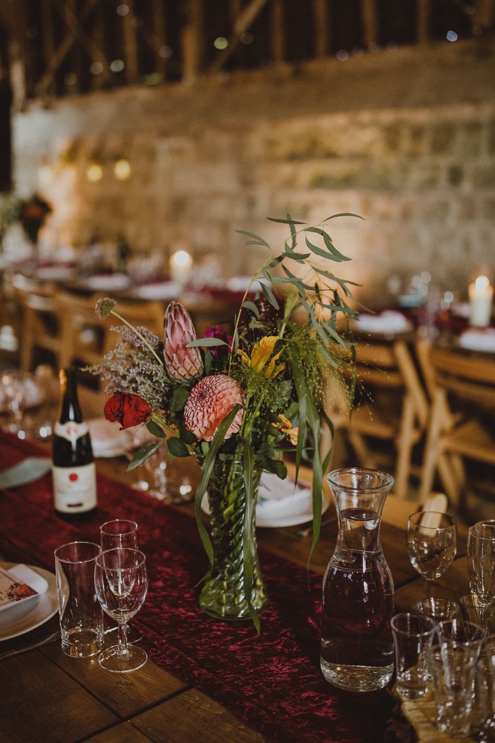 Table Flowers Centrepiece Wiltshire Barn Wedding Photography34