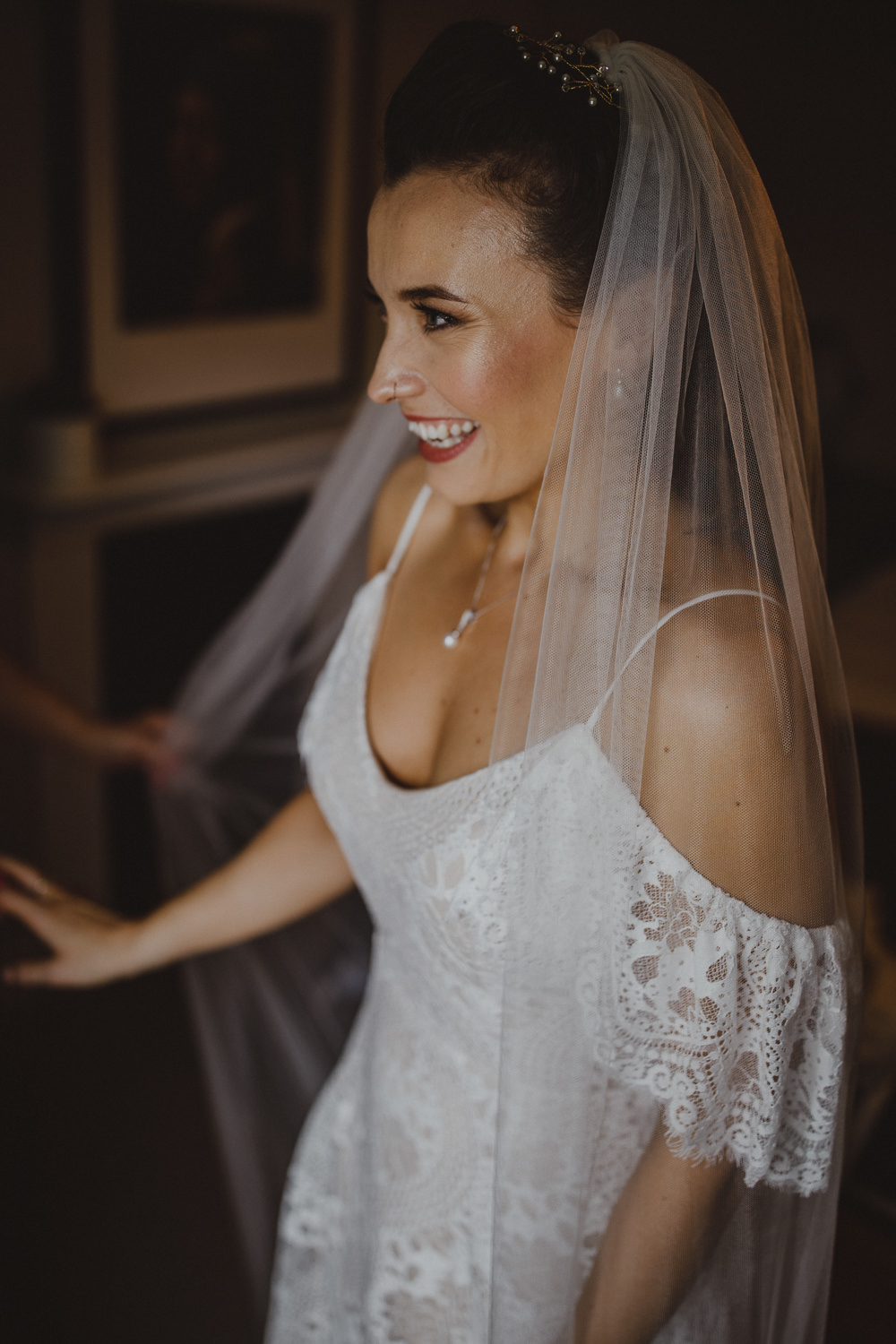 Dress Gown Bride Bridal Lace Sleeves Off Shoulder Bardot Veil Wiltshire Barn Wedding Photography34