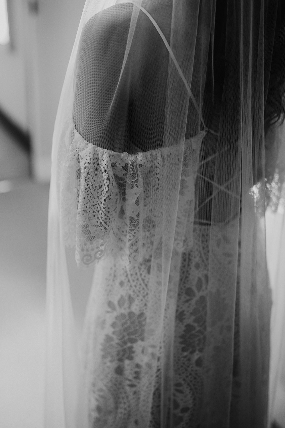 Dress Gown Bride Bridal Lace Sleeves Off Shoulder Bardot Veil Wiltshire Barn Wedding Photography34