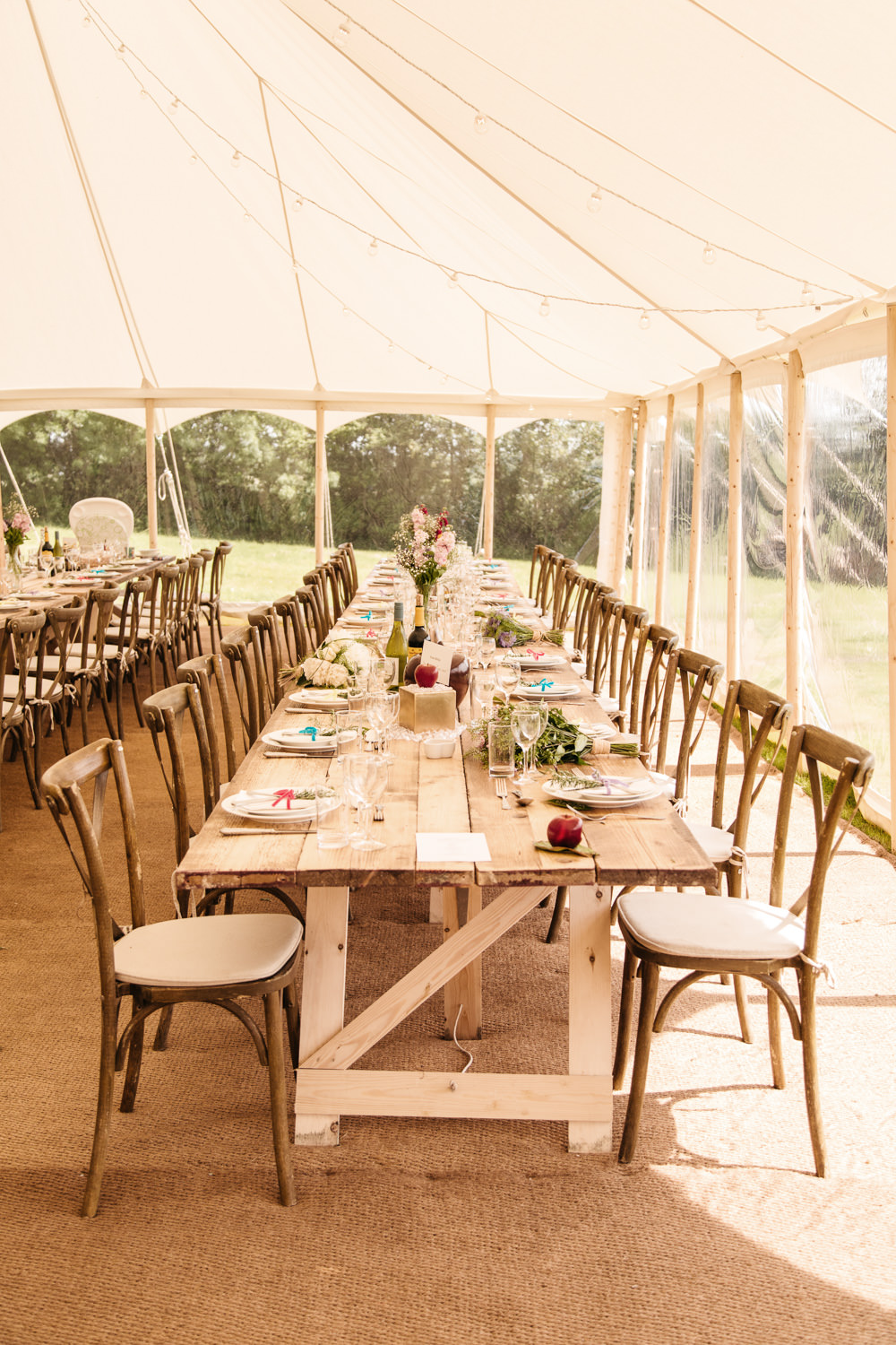 Clear Side Marquee Long Tables Decor Wonwood Barton Wedding Emma Barrow Photography