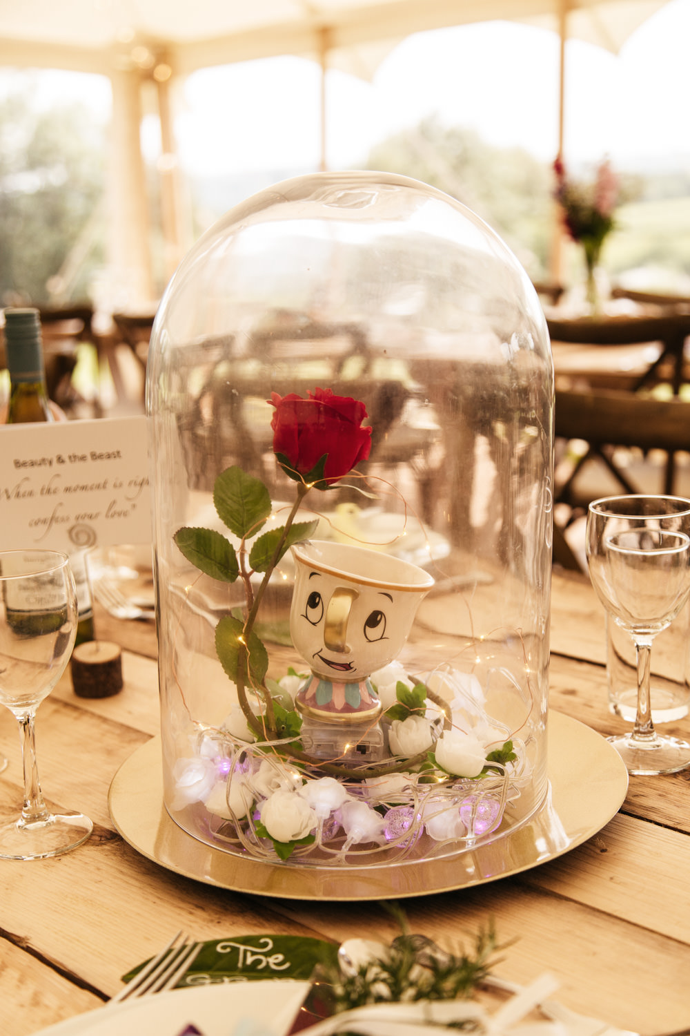 Beauty and the Beast Table Centrepiece Decor Wonwood Barton Wedding Emma Barrow Photography