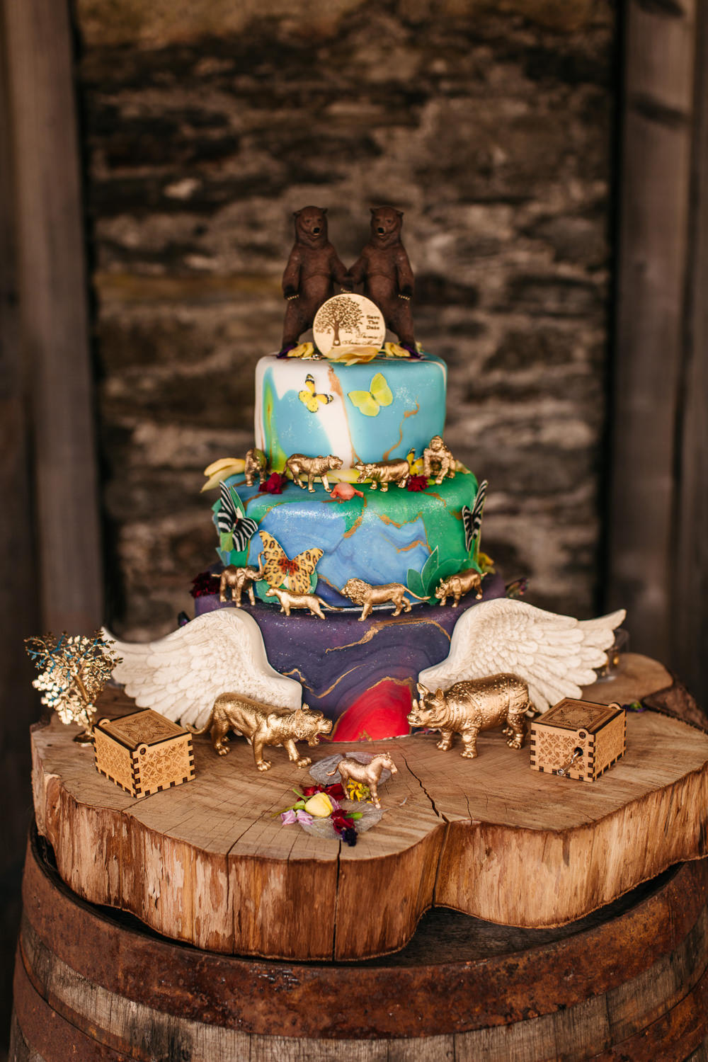 Animal Cake Wings Log Slice Stand Wonwood Barton Wedding Emma Barrow Photography
