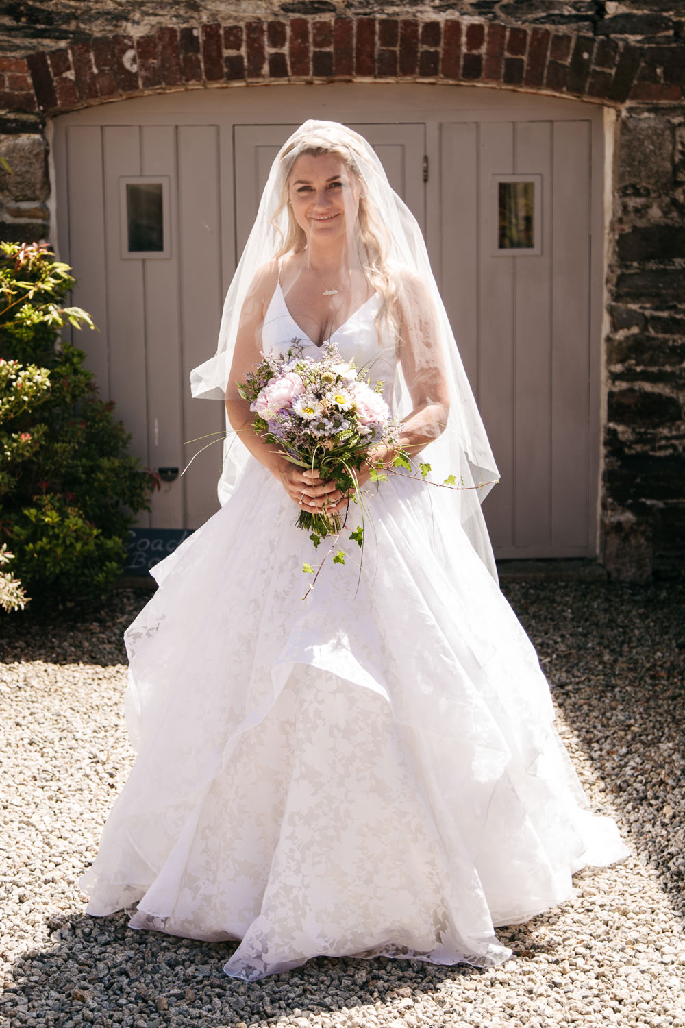 Bride Bridal Dress Gown Veil 3D Florals Straps Wonwood Barton Wedding Emma Barrow Photography