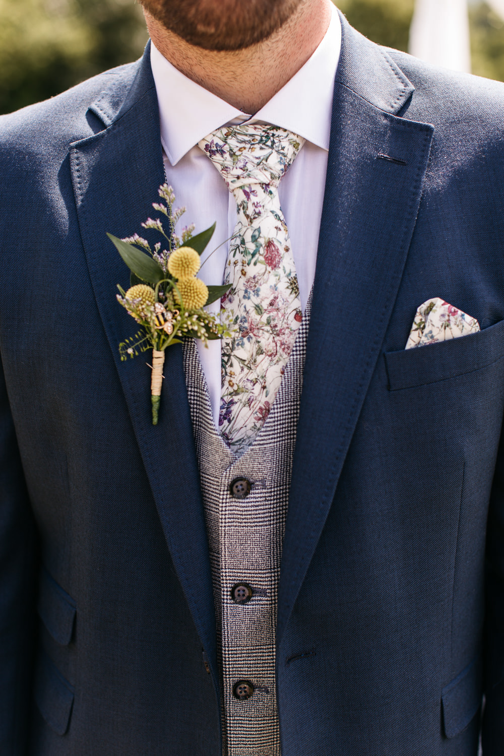 Groom Groomsmen Suit Navy Grey Waistcoat Floral Tie Buttonhole Wonwood Barton Wedding Emma Barrow Photography