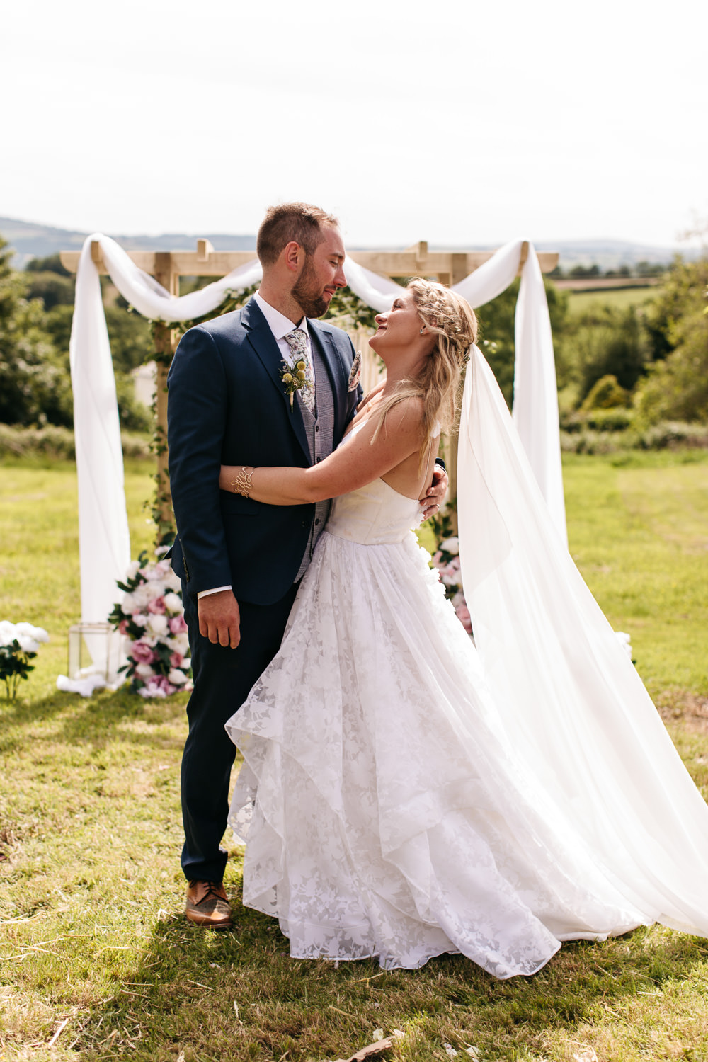Backdrop Arch Ceremony Aisle Fabric Flowers Wonwood Barton Wedding Emma Barrow Photography
