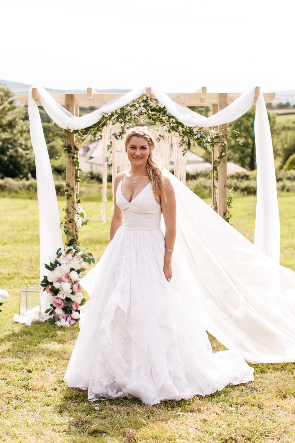 Bride Bridal Dress Gown Veil 3D Florals Straps Wonwood Barton Wedding Emma Barrow Photography