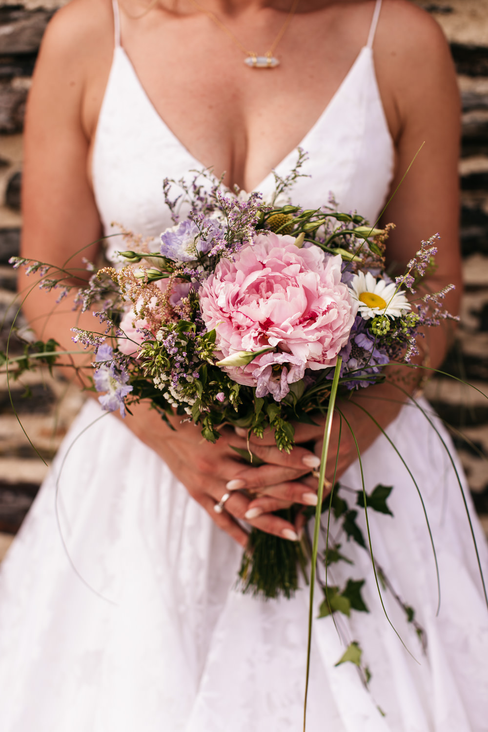 Bouquet Flowers Bride Bridal Peony Peonies Daisy Wonwood Barton Wedding Emma Barrow Photography