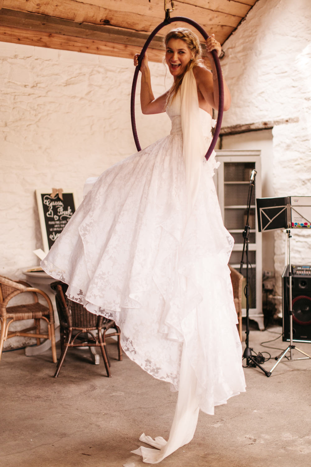 Bride Bridal Dress Gown Veil 3D Florals Straps Wonwood Barton Wedding Emma Barrow Photography