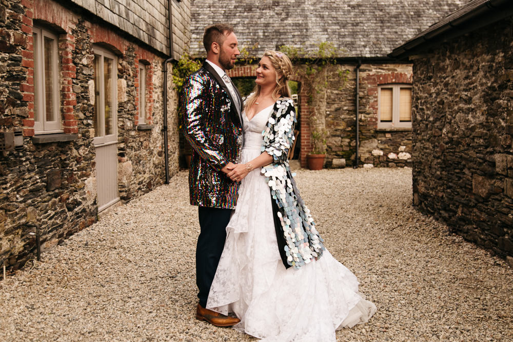 Wonwood Barton Wedding Emma Barrow Photography Sequin Jackets Bride Groom