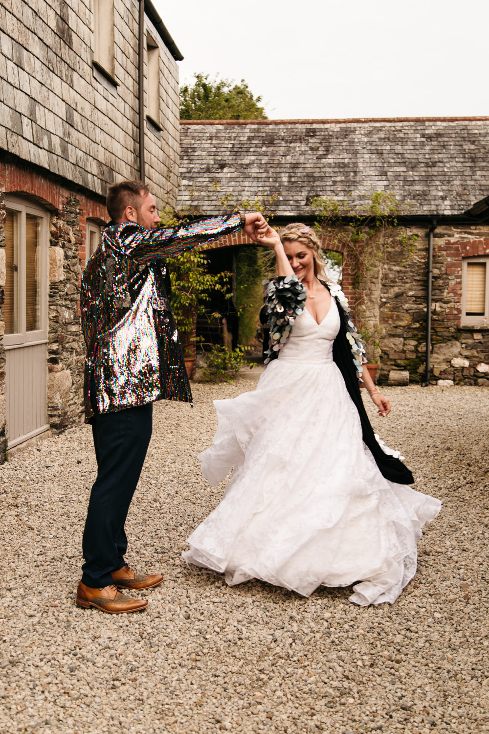 Wonwood Barton Wedding Emma Barrow Photography Sequin Jackets Bride Groom