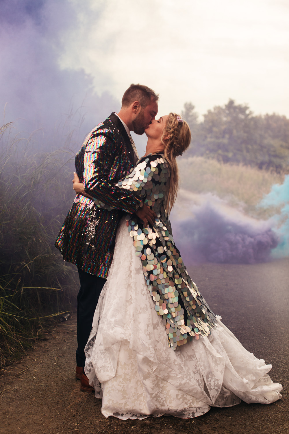 Wonwood Barton Wedding Emma Barrow Photography Sequin Jackets Bride Groom Smoke Bomb Photo Portraits