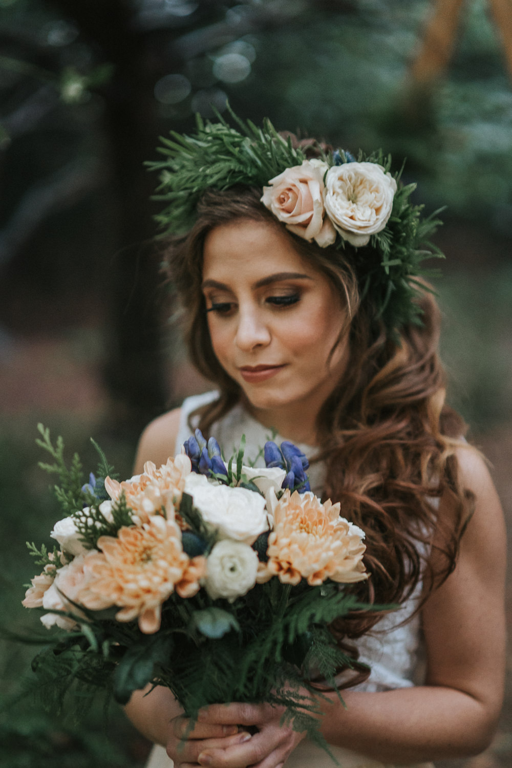 Bride Bridal Hair Waves Curls Flower Crown Woodland Wedding Inspiration Stephanie Dreams Photography