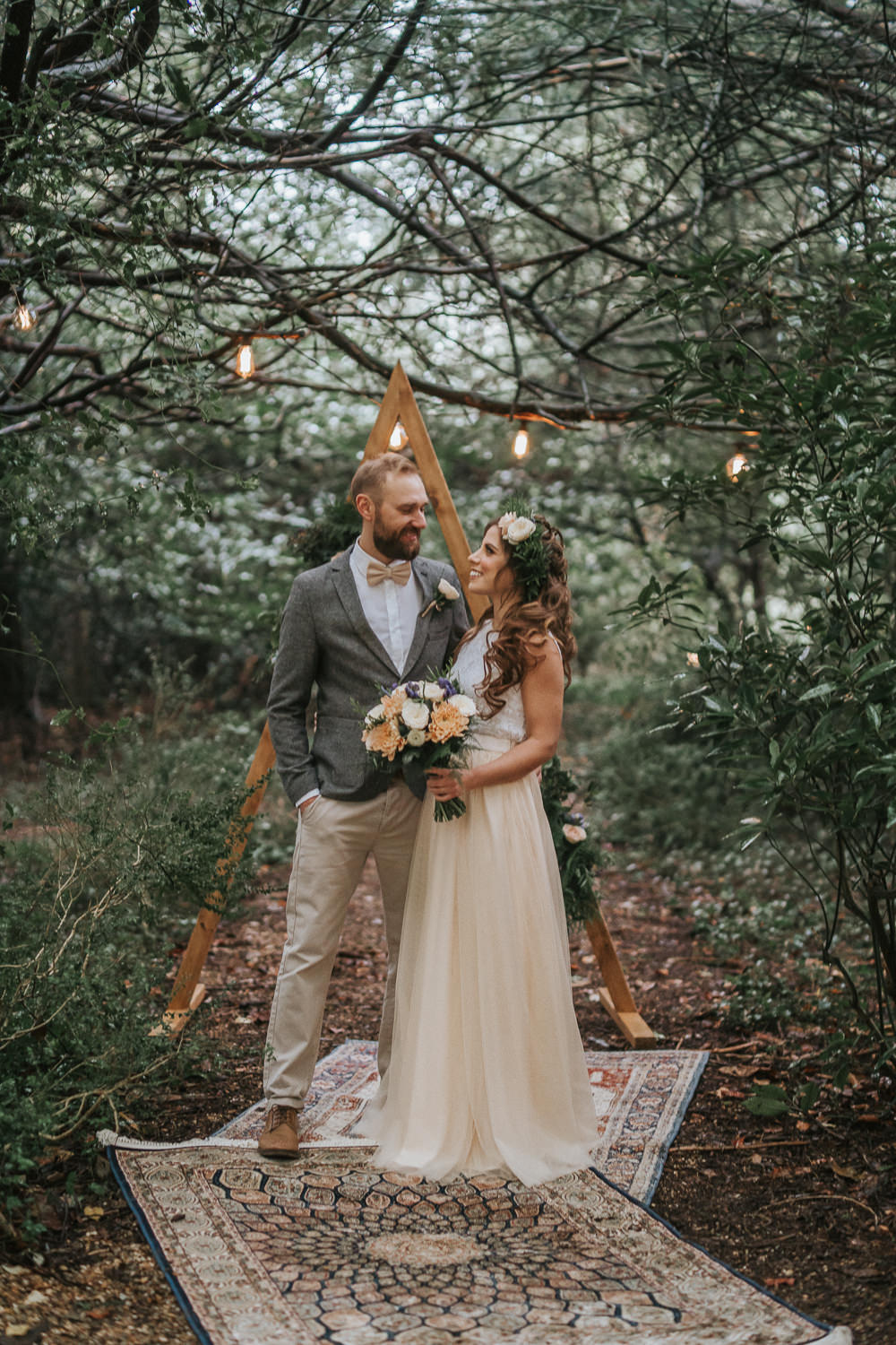 Backdrop Triangle Wooden Festoon Lights Rugs Ceremony Aisle Woodland Wedding Inspiration Stephanie Dreams Photography