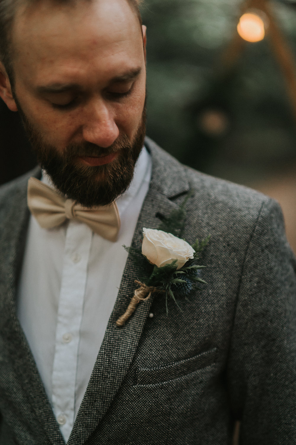 Groom Suit Grey Bow Tie Buttonhole Flowers Woodland Wedding Inspiration Stephanie Dreams Photography
