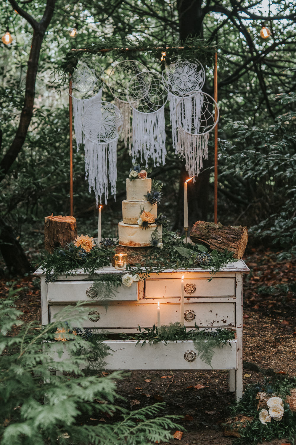 Cake Table Dresser Macrame Backdrop Candles Greenery Woodland Wedding Inspiration Stephanie Dreams Photography