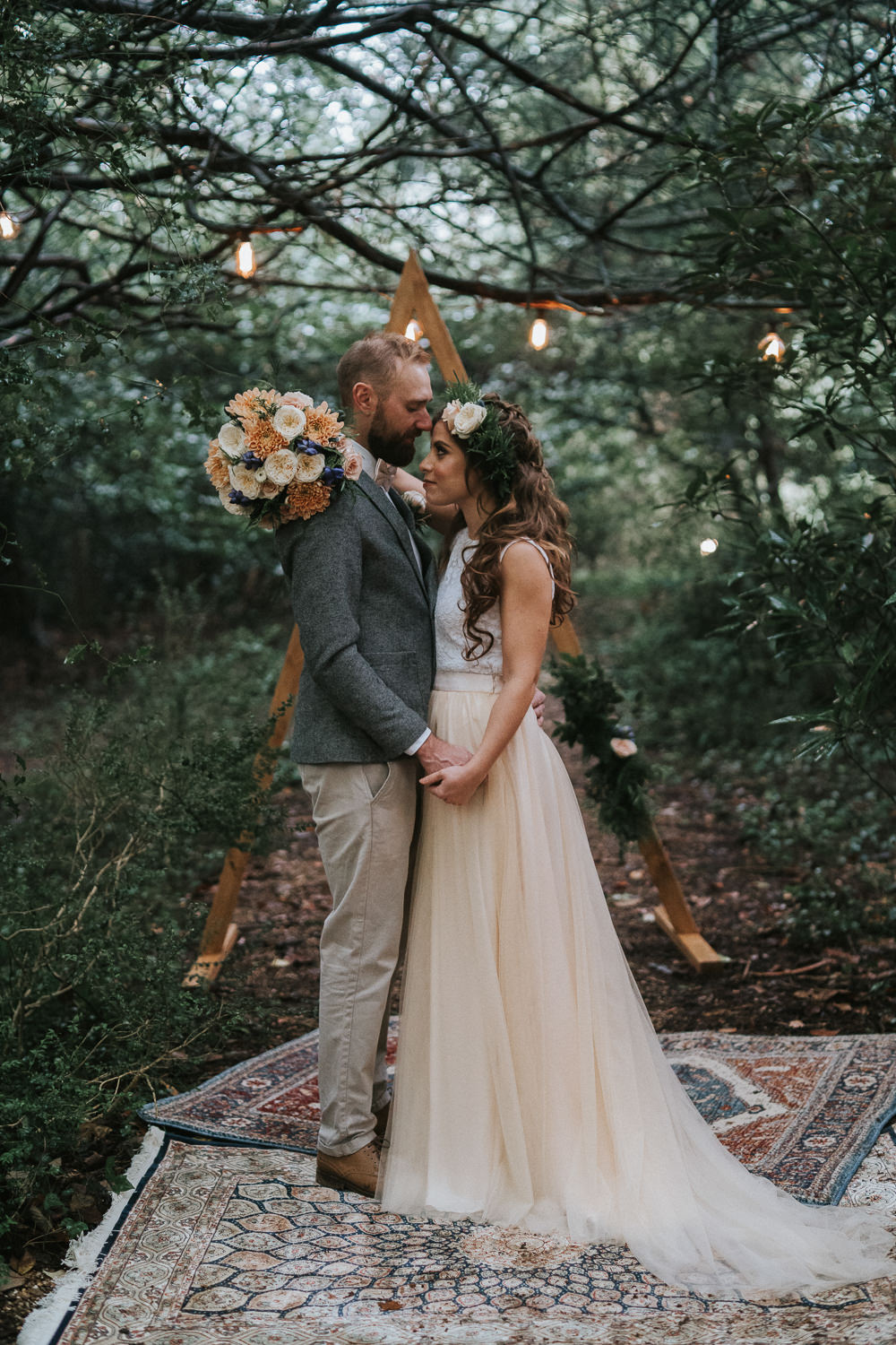 Backdrop Triangle Wooden Festoon Lights Rugs Ceremony Aisle Woodland Wedding Inspiration Stephanie Dreams Photography