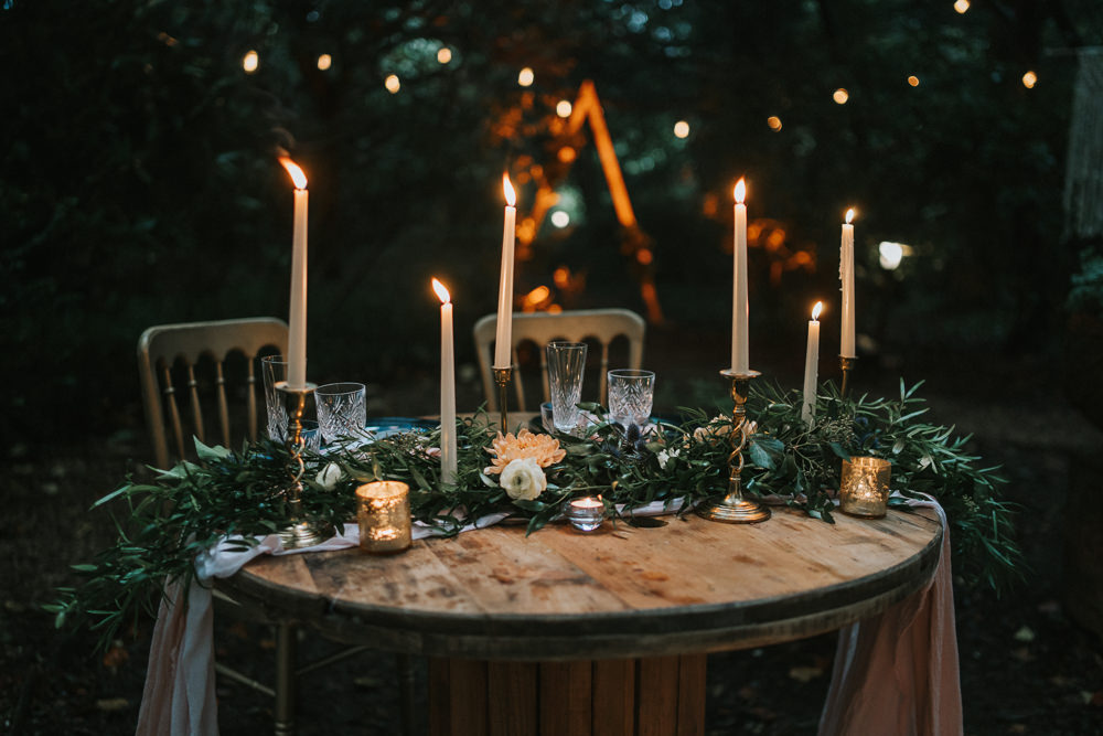 Sweetheart Table Candles Greenery Place Setting Woodland Wedding Inspiration Stephanie Dreams Photography