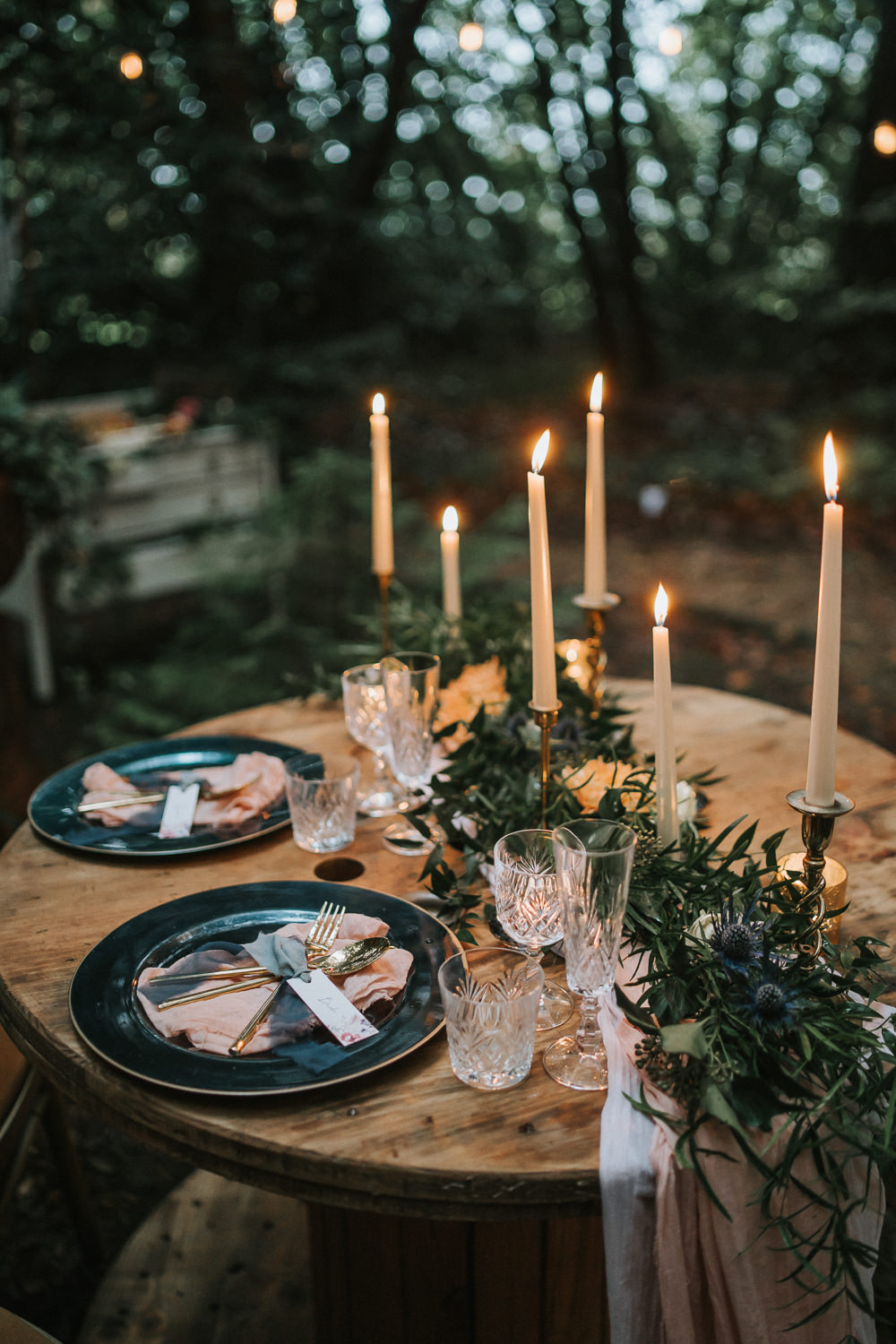 Sweetheart Table Candles Greenery Place Setting Woodland Wedding Inspiration Stephanie Dreams Photography