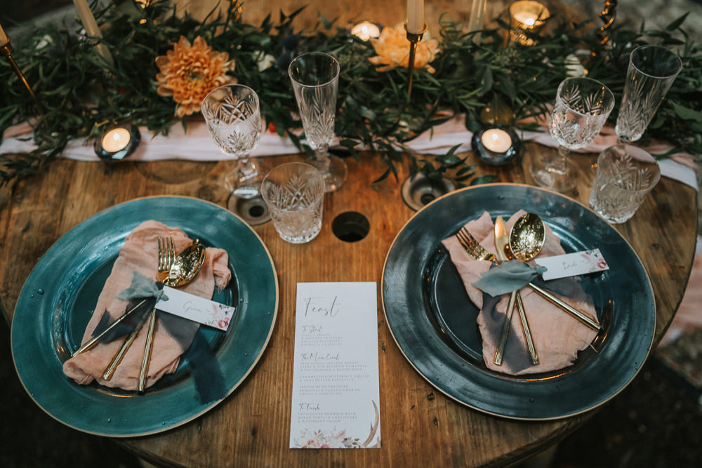 Sweetheart Table Candles Greenery Place Setting Woodland Wedding Inspiration Stephanie Dreams Photography