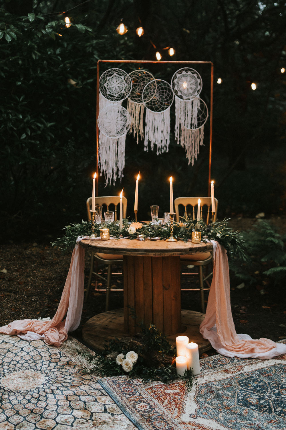 Sweetheart Table Candles Greenery Place Setting Macrame Backdrop Woodland Wedding Inspiration Stephanie Dreams Photography