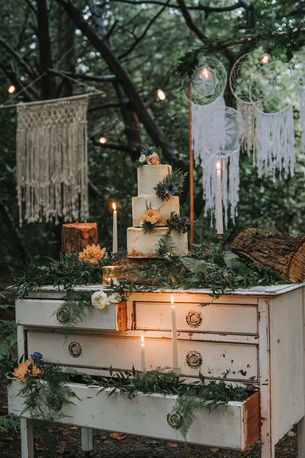 Cake Table Dresser Macrame Backdrop Candles Greenery Woodland Wedding Inspiration Stephanie Dreams Photography