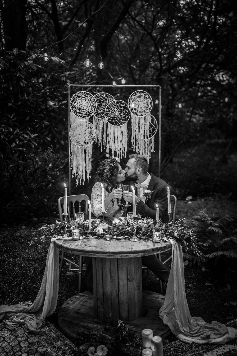 Sweetheart Table Candles Greenery Place Setting Macrame Backdrop Woodland Wedding Inspiration Stephanie Dreams Photography