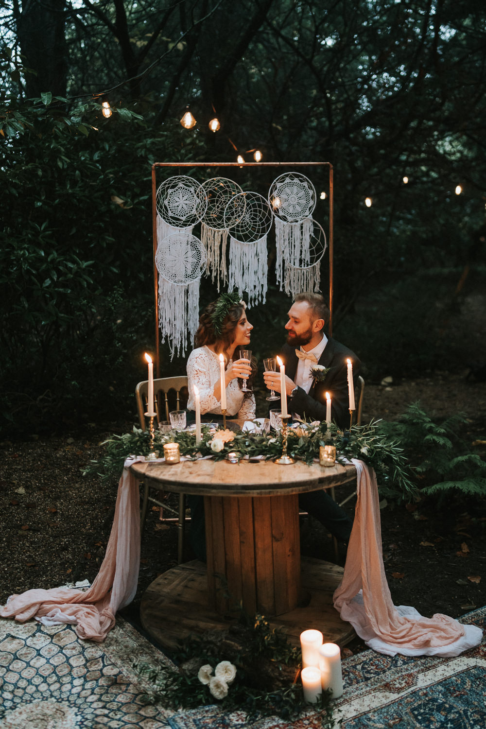 Sweetheart Table Candles Greenery Place Setting Macrame Backdrop Woodland Wedding Inspiration Stephanie Dreams Photography