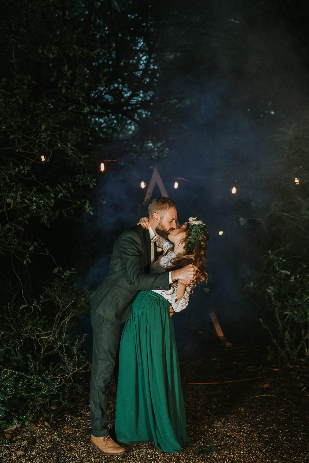 Smoke Bomb Backdrop Triangle Wooden Festoon Lights Rugs Ceremony Aisle Woodland Wedding Inspiration Stephanie Dreams Photography
