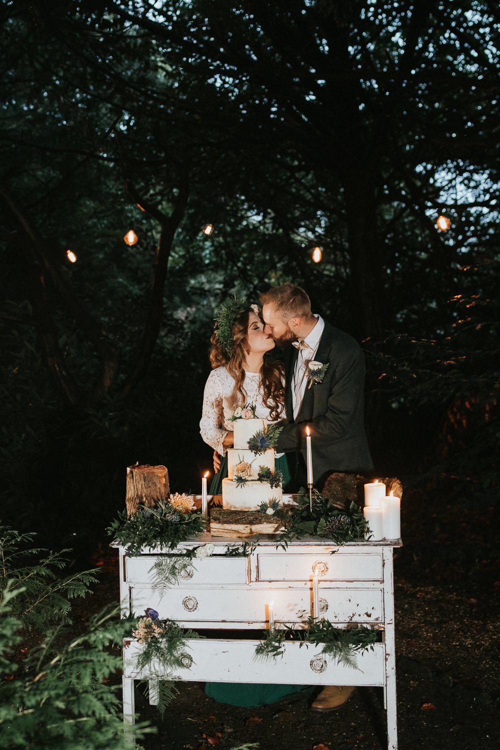 Cake Table Dresser Macrame Backdrop Candles Greenery Woodland Wedding Inspiration Stephanie Dreams Photography