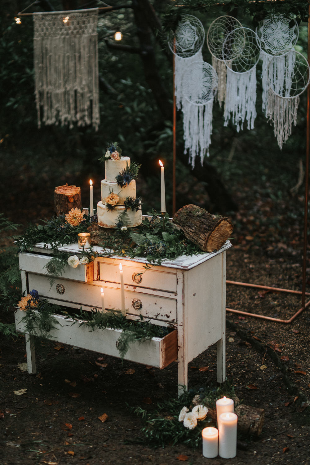 Cake Table Dresser Macrame Backdrop Candles Greenery Woodland Wedding Inspiration Stephanie Dreams Photography