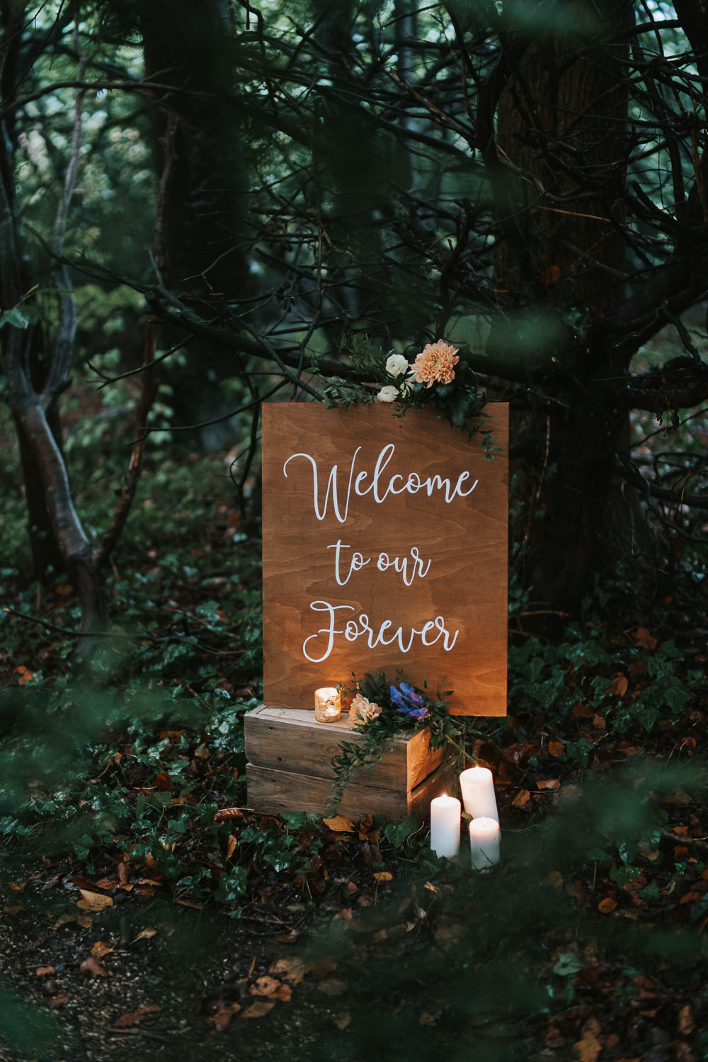 Wooden Sign Welcome Signs Signage Candles Flowers Woodland Wedding Inspiration Stephanie Dreams Photography