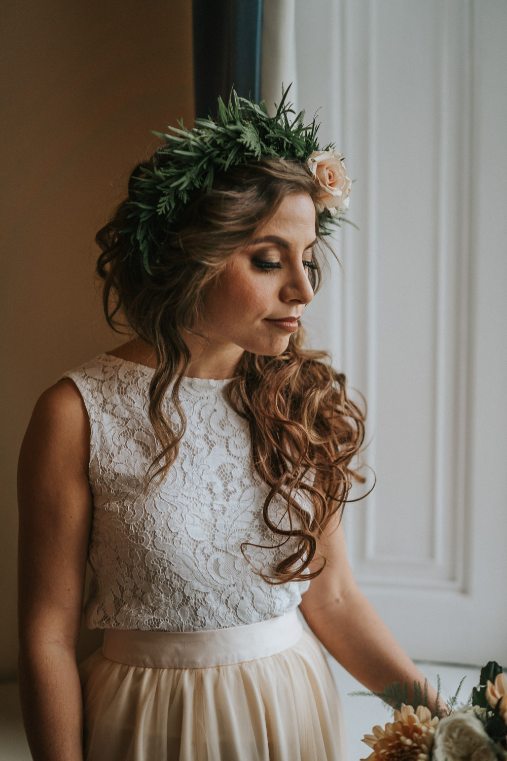 Bride Bridal Hair Waves Curls Flower Crown Woodland Wedding Inspiration Stephanie Dreams Photography
