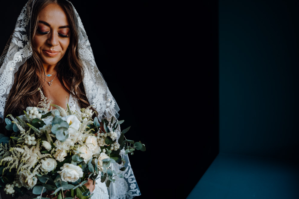 Bouquet Flowers Eucalyptus Rose Astilbe Dress Gown Bride Bridal Rue De Seine Medina Lace Veil Aquapetra Resort Spa Wedding Peter Hughes Photography