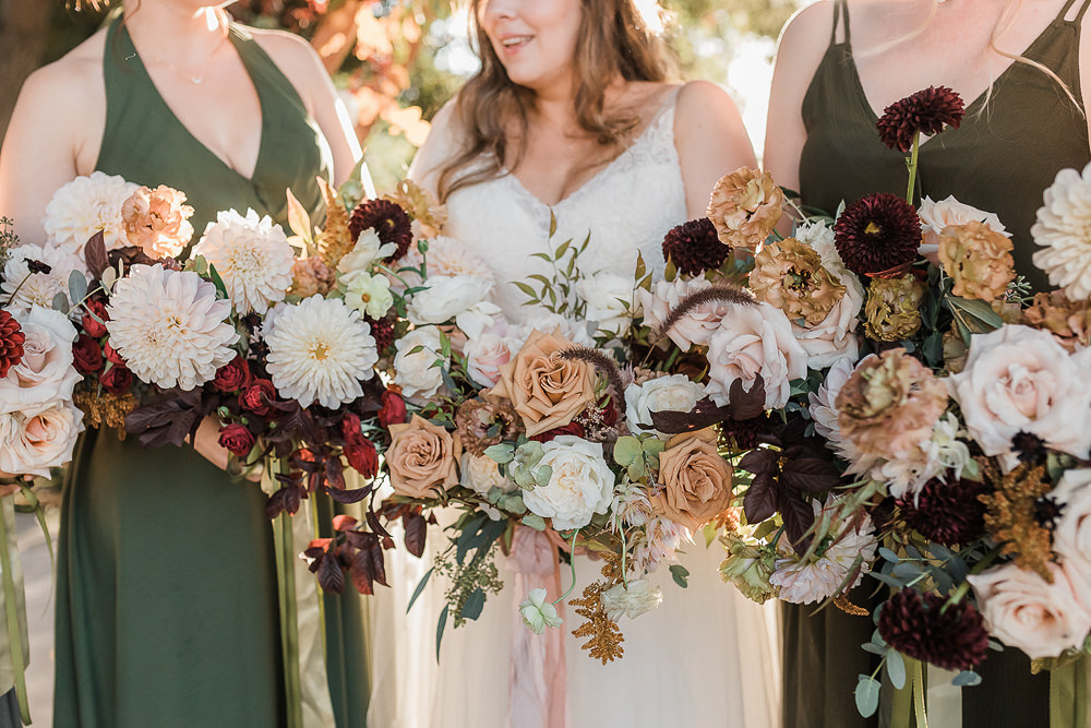 Bouquets Flowers Bride Bridal Bridesmaid Dahlia Rose Foliage Ribbon California Ranch Wedding WildflowerPhotoCo