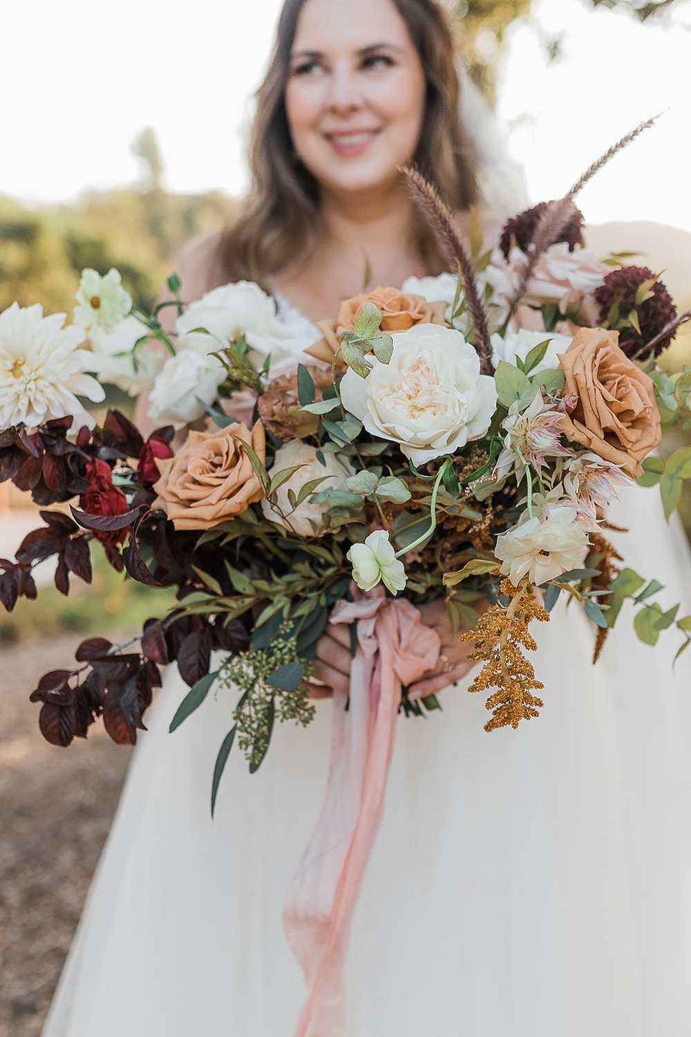 Bouquets Flowers Bride Bridal Bridesmaid Dahlia Rose Foliage Ribbon California Ranch Wedding WildflowerPhotoCo