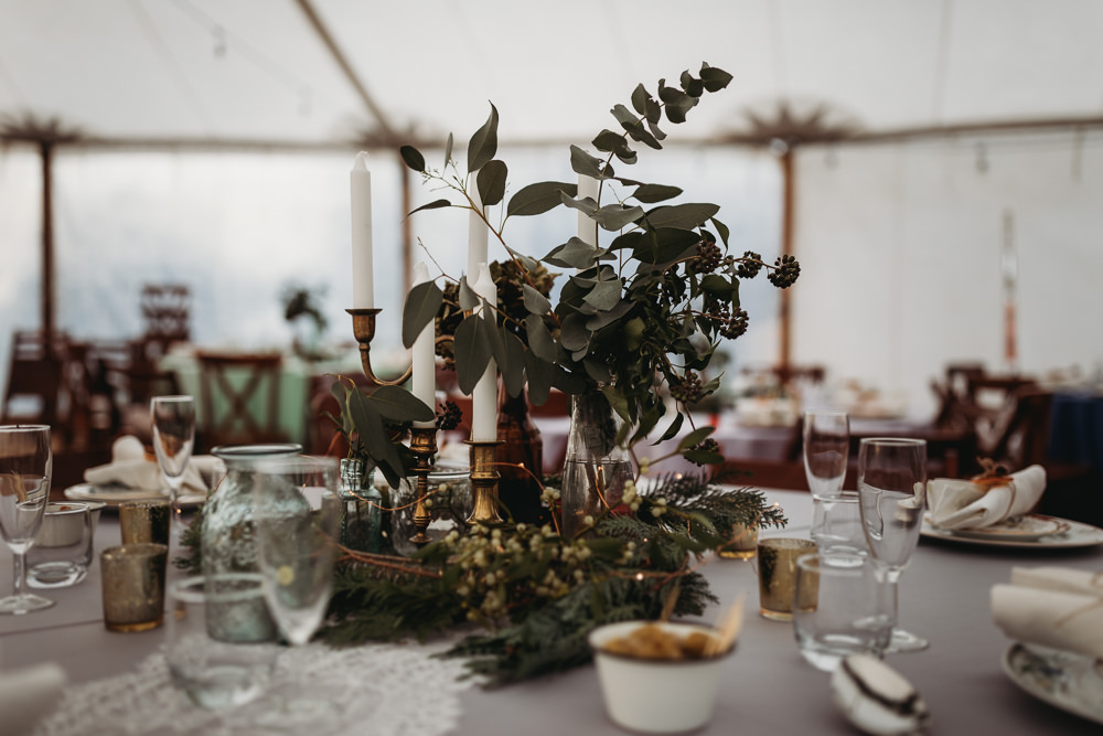 Centrepiece Decor Greenery Foliage Candles Brass Decor Decoration Christmas Marquee Wedding Thyme Lane Photography
