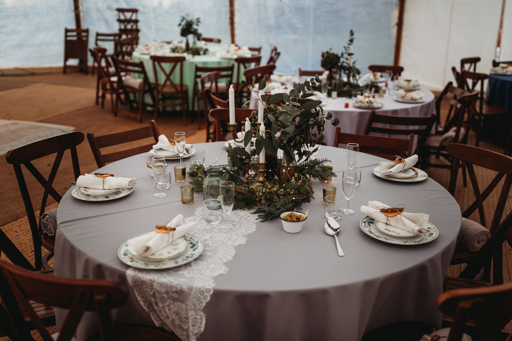 Centrepiece Decor Greenery Foliage Candles Brass Decor Decoration Christmas Marquee Wedding Thyme Lane Photography