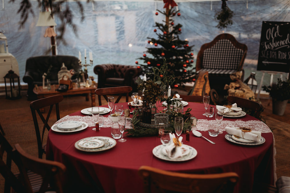 Centrepiece Decor Greenery Foliage Candles Brass Decor Decoration Christmas Marquee Wedding Thyme Lane Photography