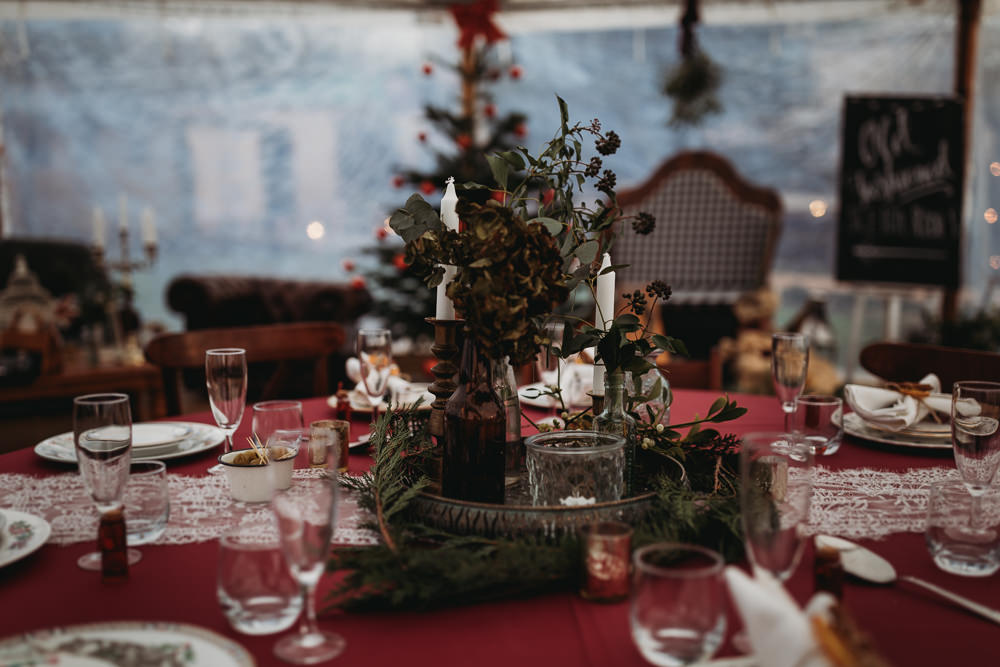 Centrepiece Decor Greenery Foliage Candles Brass Decor Decoration Christmas Marquee Wedding Thyme Lane Photography
