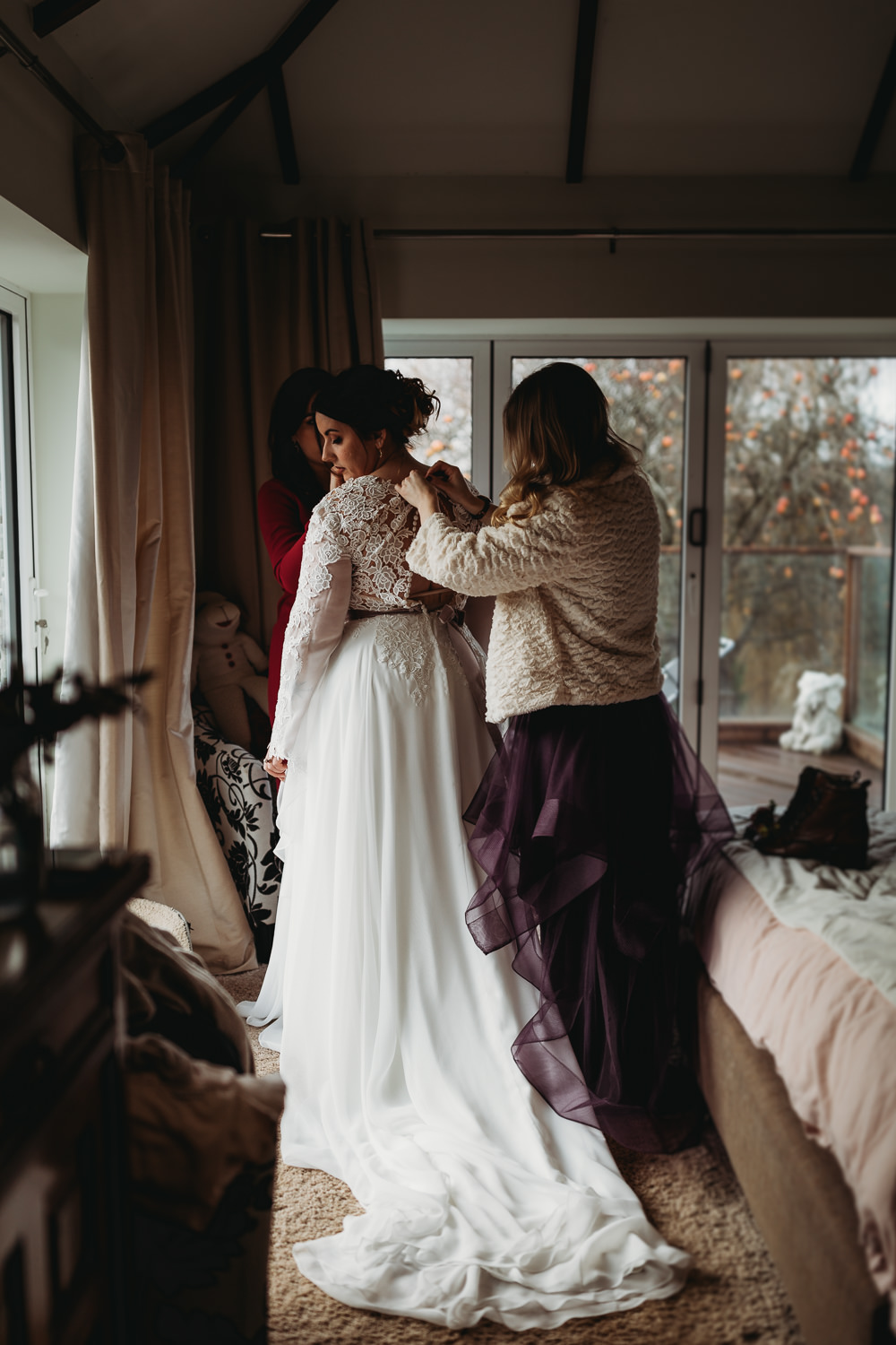 Dress Gown Bride Bridal Lace Top Long Sleeves Train Veil Christmas Marquee Wedding Thyme Lane Photography